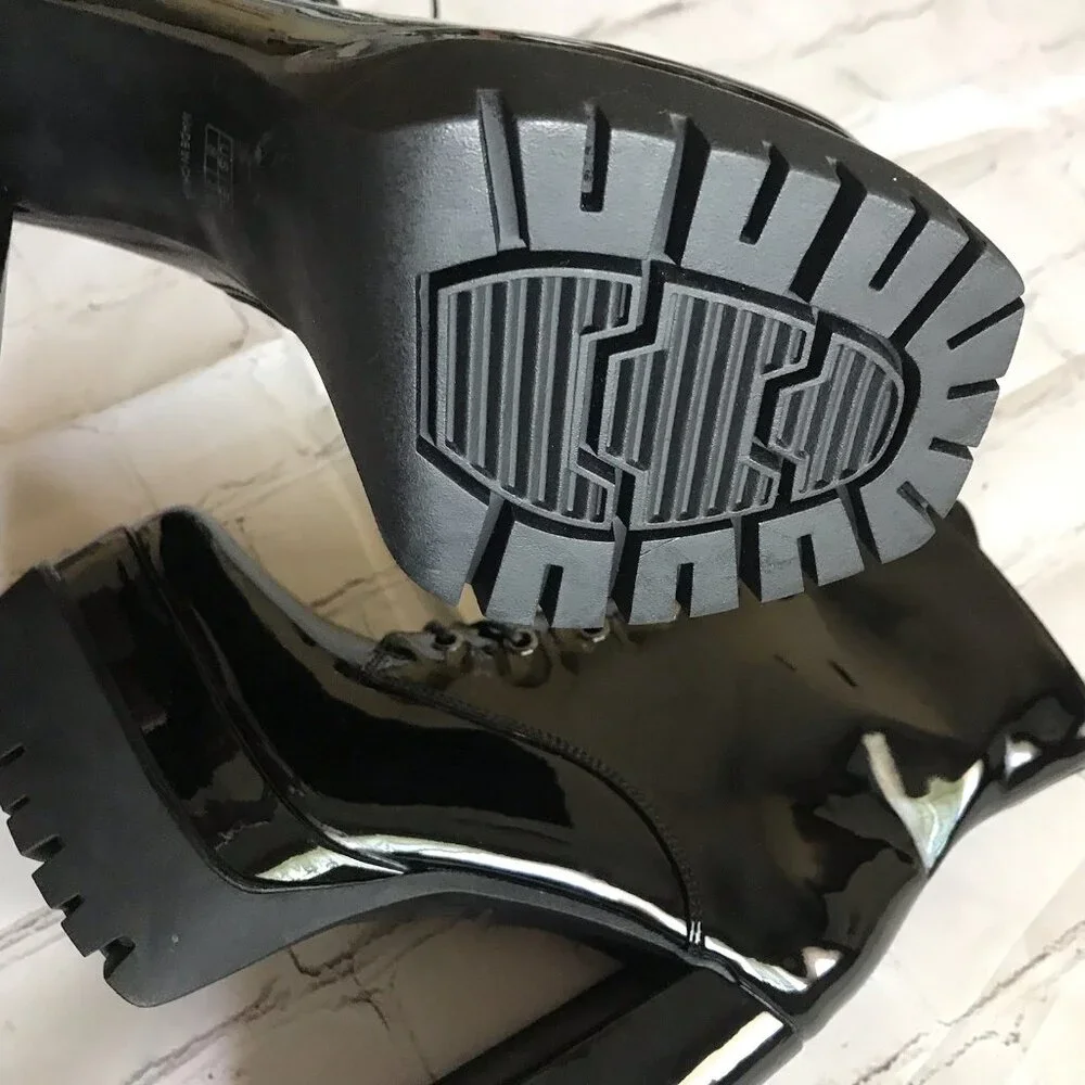 Patent PU Platform Lug Boots‎ Chunky Block High Heel Ankle Boots Size 8